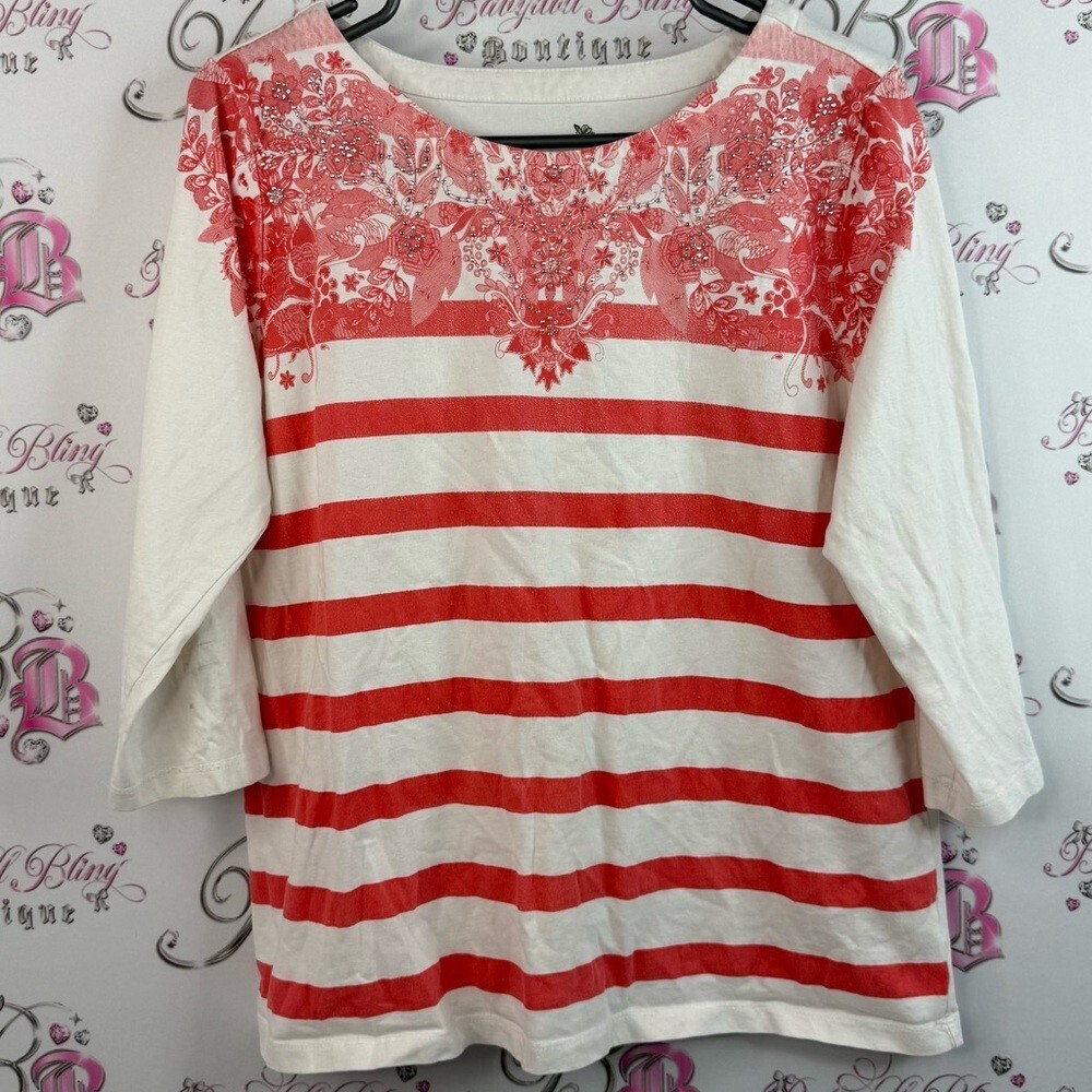 Tradition shirt rhinestone studded Floral Red and White Striped Long Sleeve Top